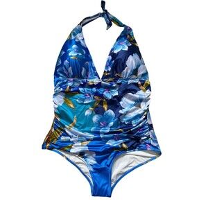 Gottex Women's Ruched Halter Tie 1 Pc Bathing suit Blue Floral Size 16 NEW